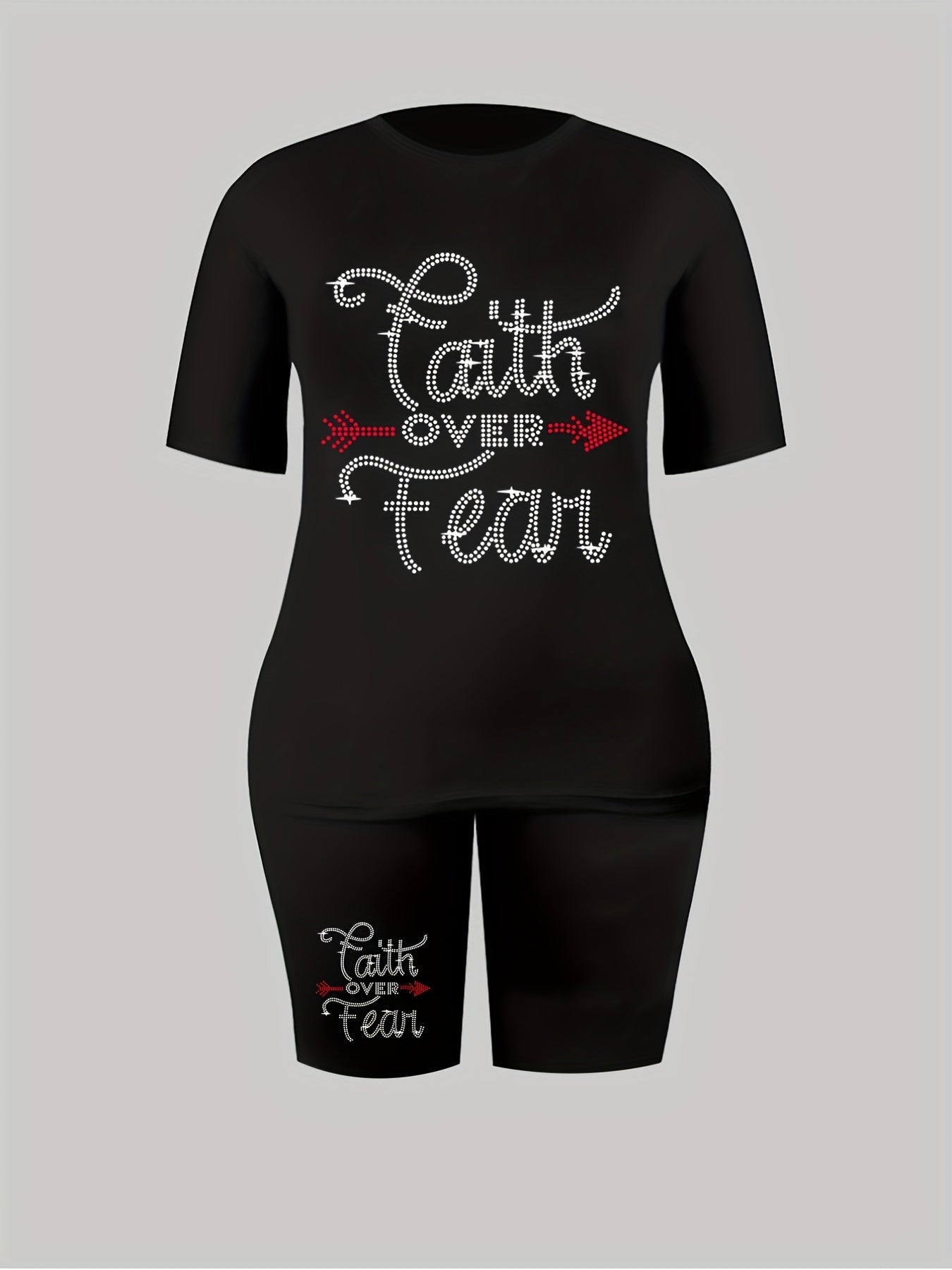 Rhinestone Letter Tee & Stretchy Shorts 2pcs Set