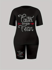 Rhinestone Letter Tee & Stretchy Shorts 2pcs Set
