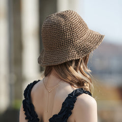 Brown Crochet Bucket Hat Hollow Breathable French Style Straw Hat
