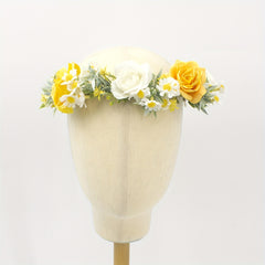 Artificial Rose Bridal Headband with Floral Wreath - Yellow Roses and Sunflowers