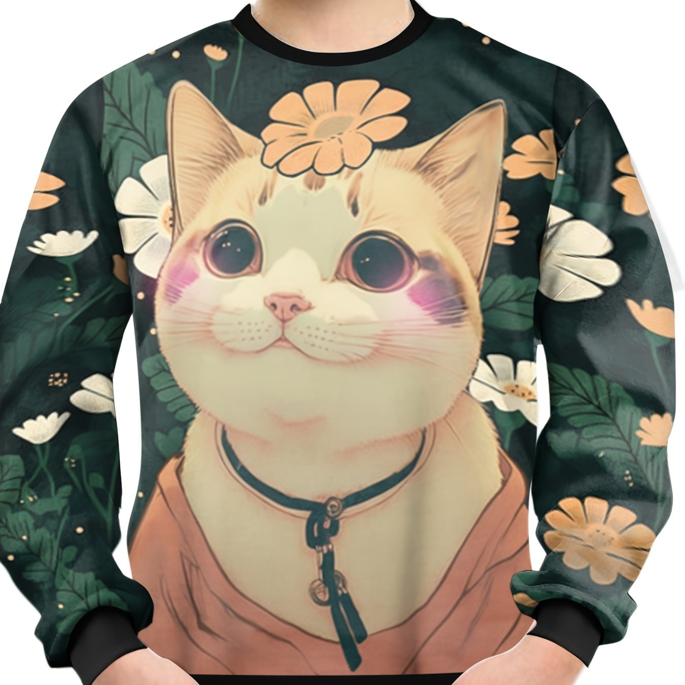 Floral & Cat Print Kid's Sweatshirt Unisex Pullover Casual Top