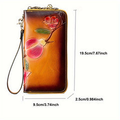 Vintage Floral Leather Long Wallet with Wristlet