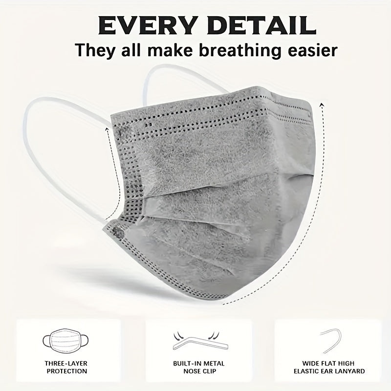 100pcs Disposable Grey Face Mask 3 Layer Cover Breathable & Comfortable