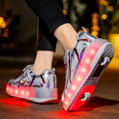 Boy's LED Light Up Roller Shoes Hook Loop Velcro Wheel Skate Sneakers Kids