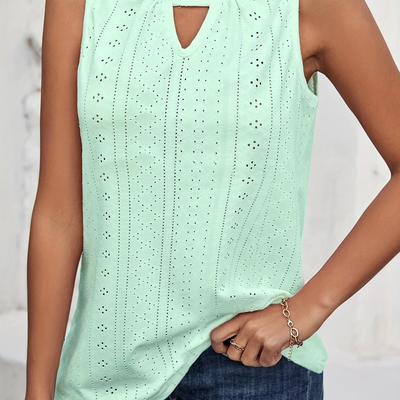 Eyelet Keyhole Tank Top Solid Sleeveless Summer Top