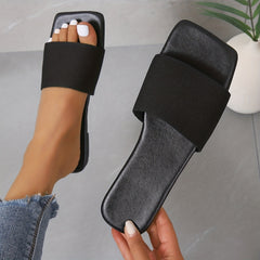 Women's Knitted Flat Slides Square Open Toe Slip On Shoes