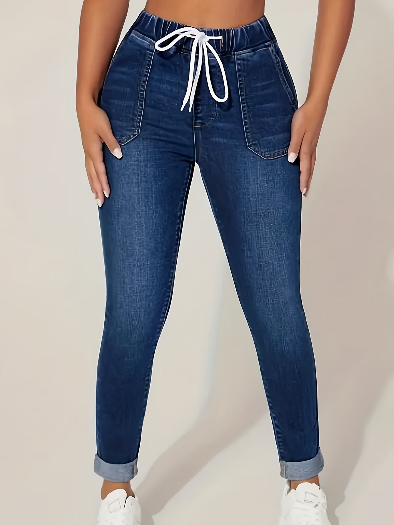 Solid Elastic High Rise Skinny Jeans