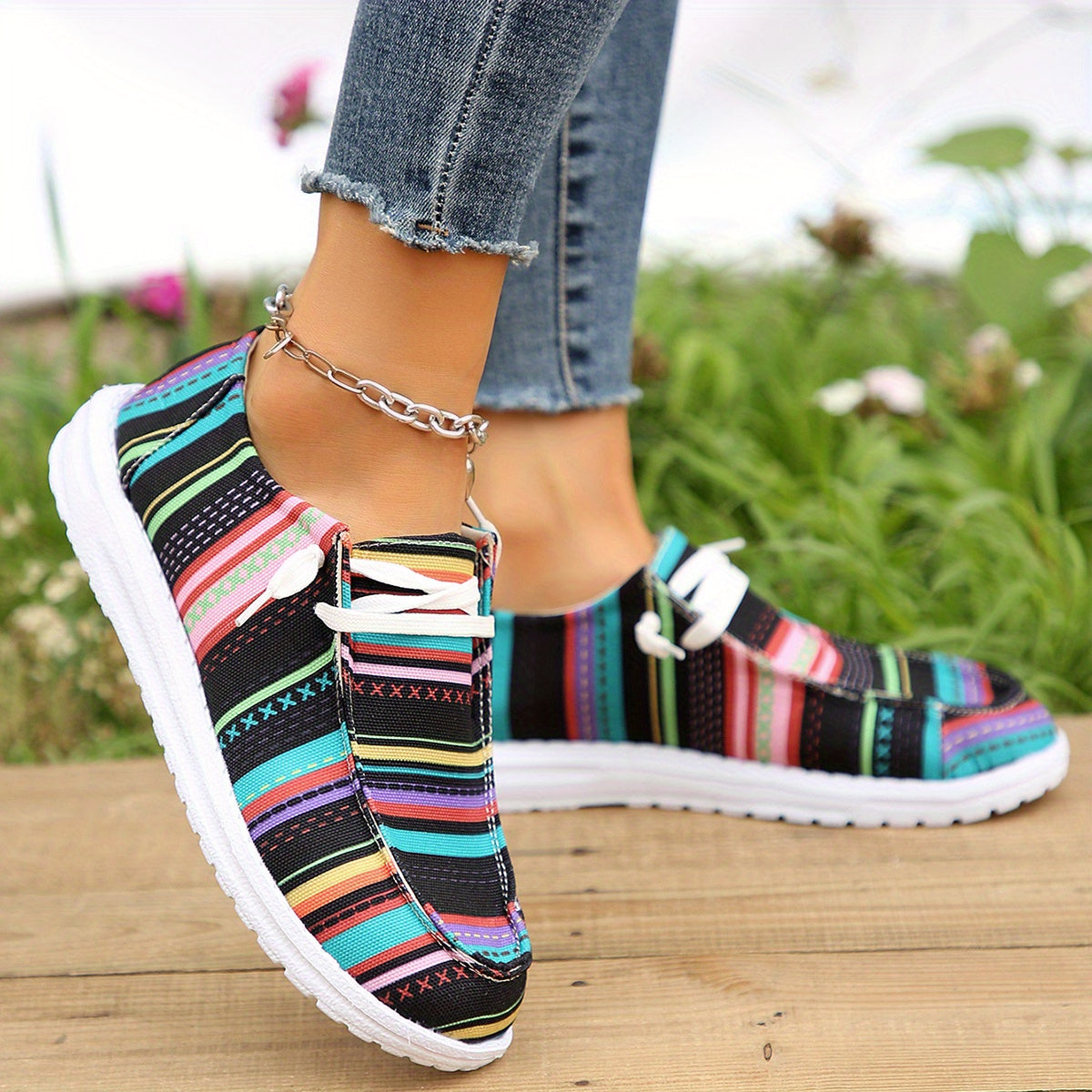 Women's Colorful Striped Canvas Shoes Lightweight Slip On Casual Loafers