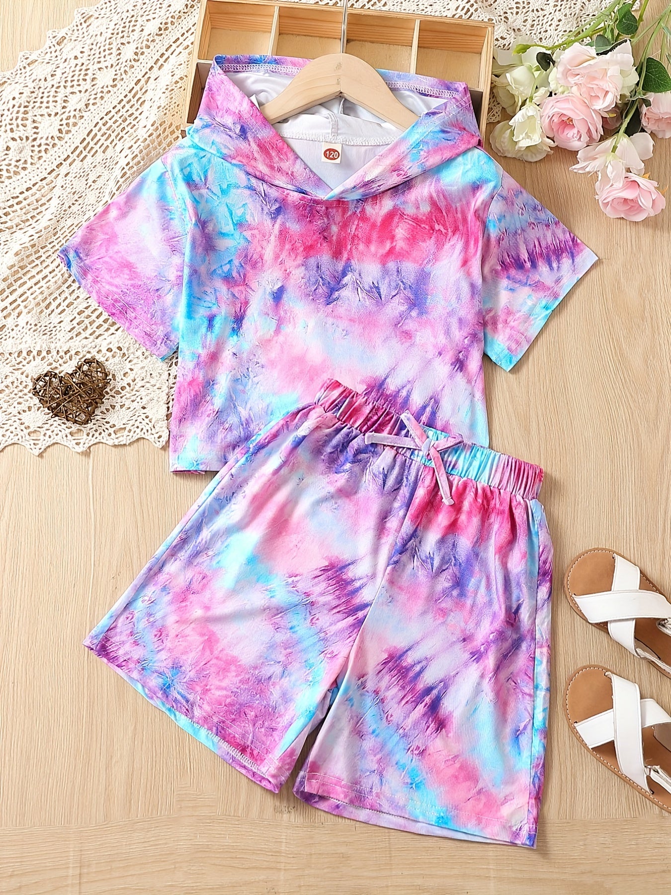 Girls' Tie Dyed Tracksuit Hooded T Shirt & Drawstring Shorts Set