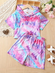 Girls' Tie Dyed Tracksuit Hooded T Shirt & Drawstring Shorts Set