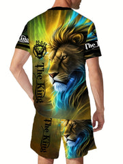 Lion 3d Pattern Men's 2 Piece Outfits Short Sleeve T-shirt And Shorts Set