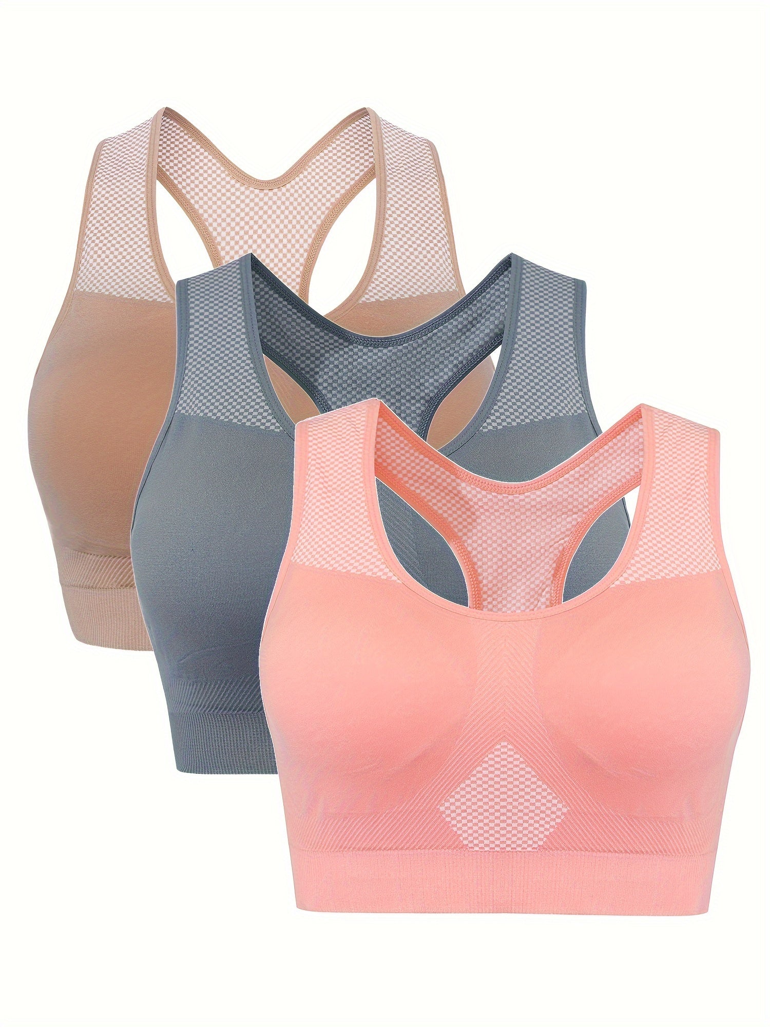 3 Pack Plus Size Sports Bras Set Women's Plus Checkerboard Print