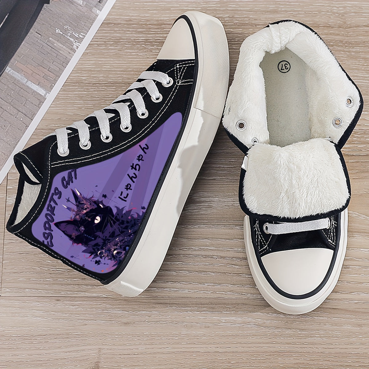 Cat Print Plush Lined Thermal Chunky Canvas Sneakers Flat