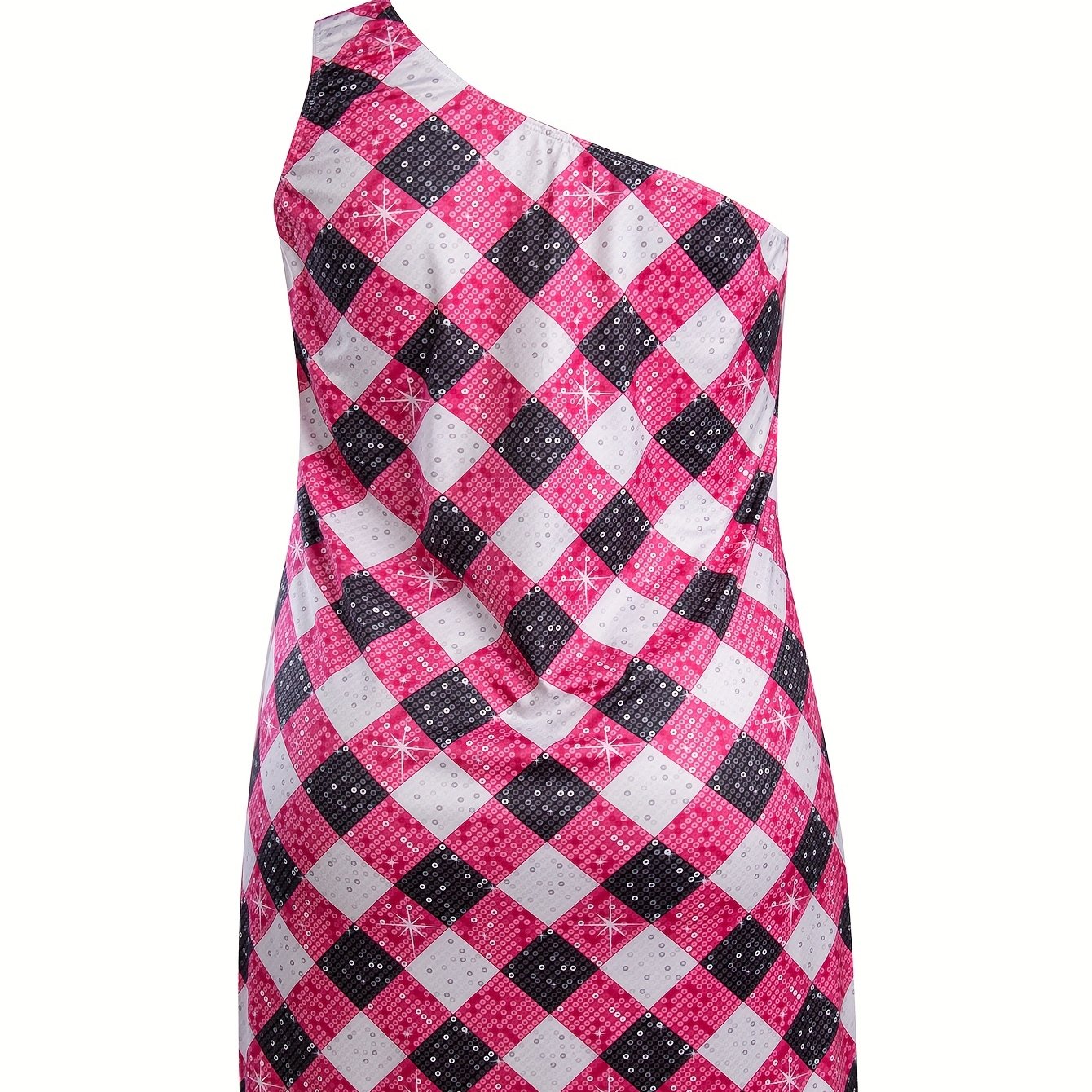 Plaid & Sequin Print One Shoulder Stretch Nightdress
