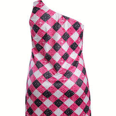 Plaid & Sequin Print One Shoulder Stretch Nightdress