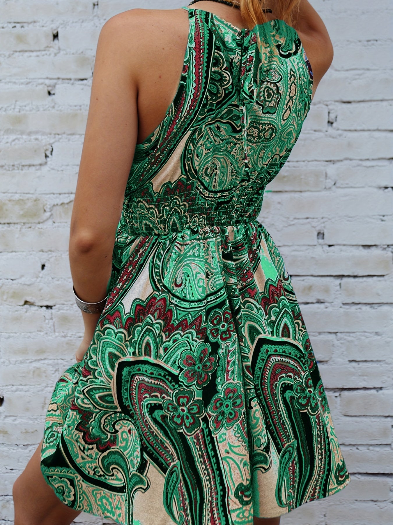 Paisley Print Tie Back Dress Sleeveless Boho Shirred Waist