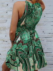 Paisley Print Tie Back Dress Sleeveless Boho Shirred Waist