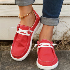 Women's Red Boat Shoes Lace up Comfortable Flat Canvas Shoes