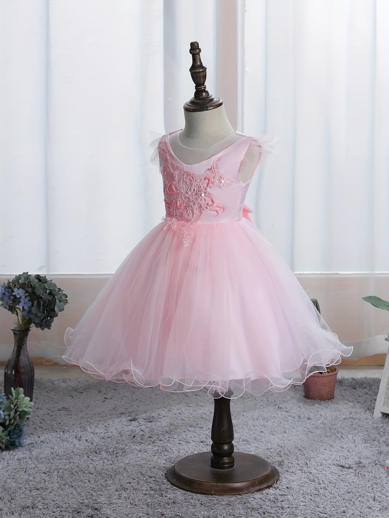 Baby Girls Floral Embroidery Mesh Gown Dress For Party Gift