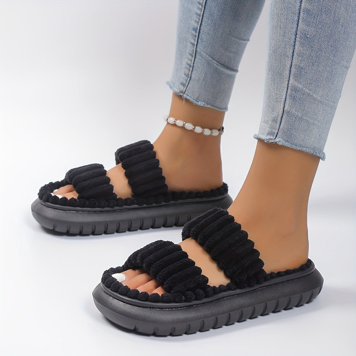 Women's Plush Double Strap Slippers Warm Home Slip-Ons