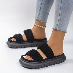 Women's Plush Double Strap Slippers Warm Home Slip-Ons