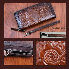 Vintage Red Leather Wristlet with Floral Embossing Zip Closure