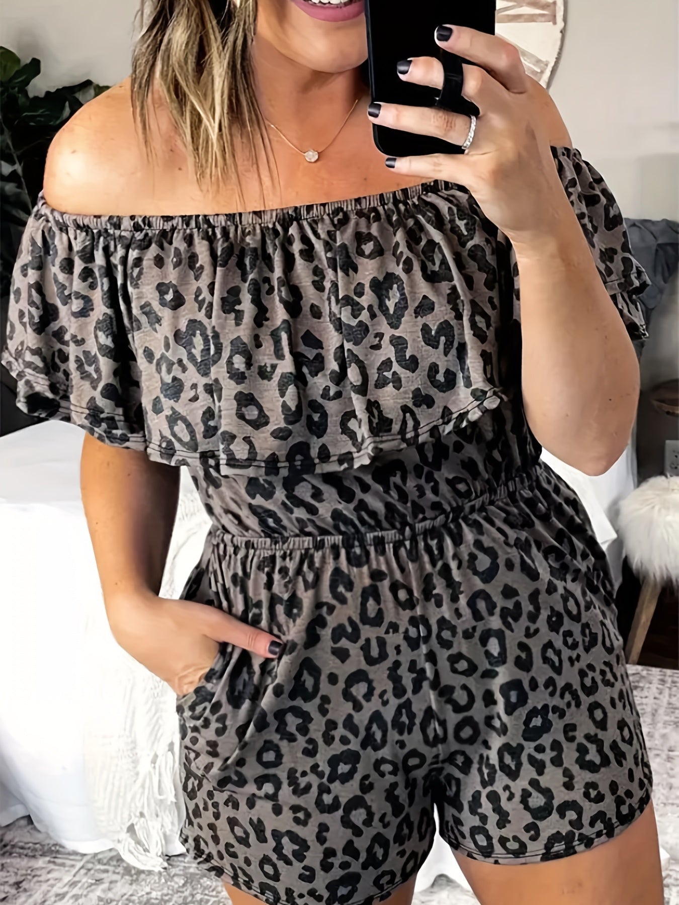Sexy Leopard Print Romper with Ruffle Trim
