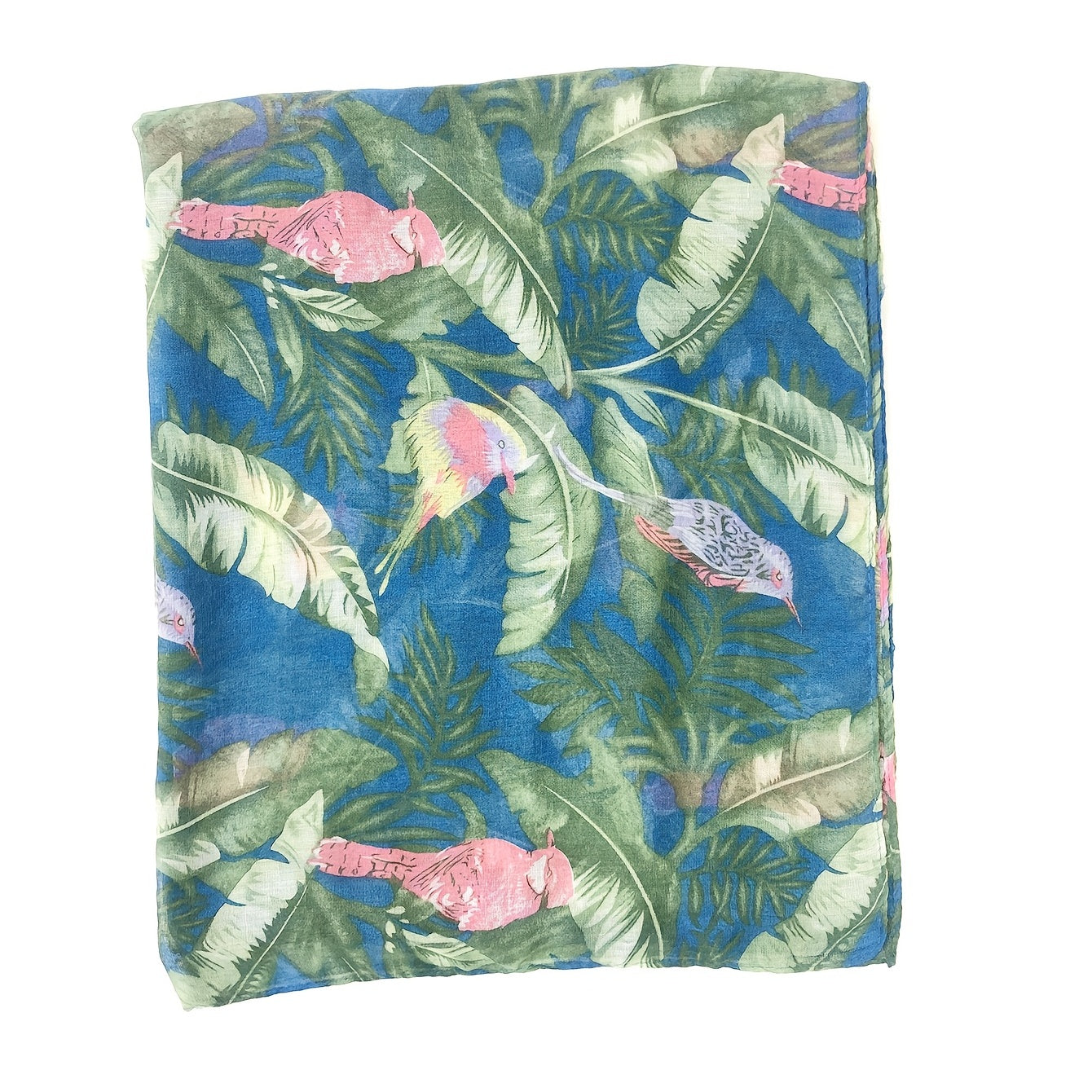 Green Voile Scarf Rainforest Bird Print Boho Shawl Head Wrap Bandana