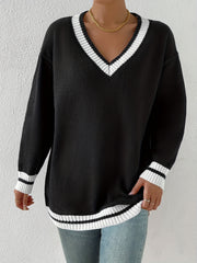 Block Knit Sweater V Neck Long Sleeve Preppy Sweater Women's Clothing