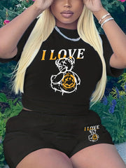 Letter & Bear Print Two Piece Set Casual T shirt & Biker Shorts Outfits