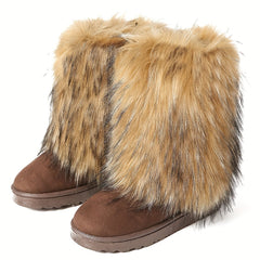Women's Fluffy Furry Snow Boots Slip On Mid Calf Boots