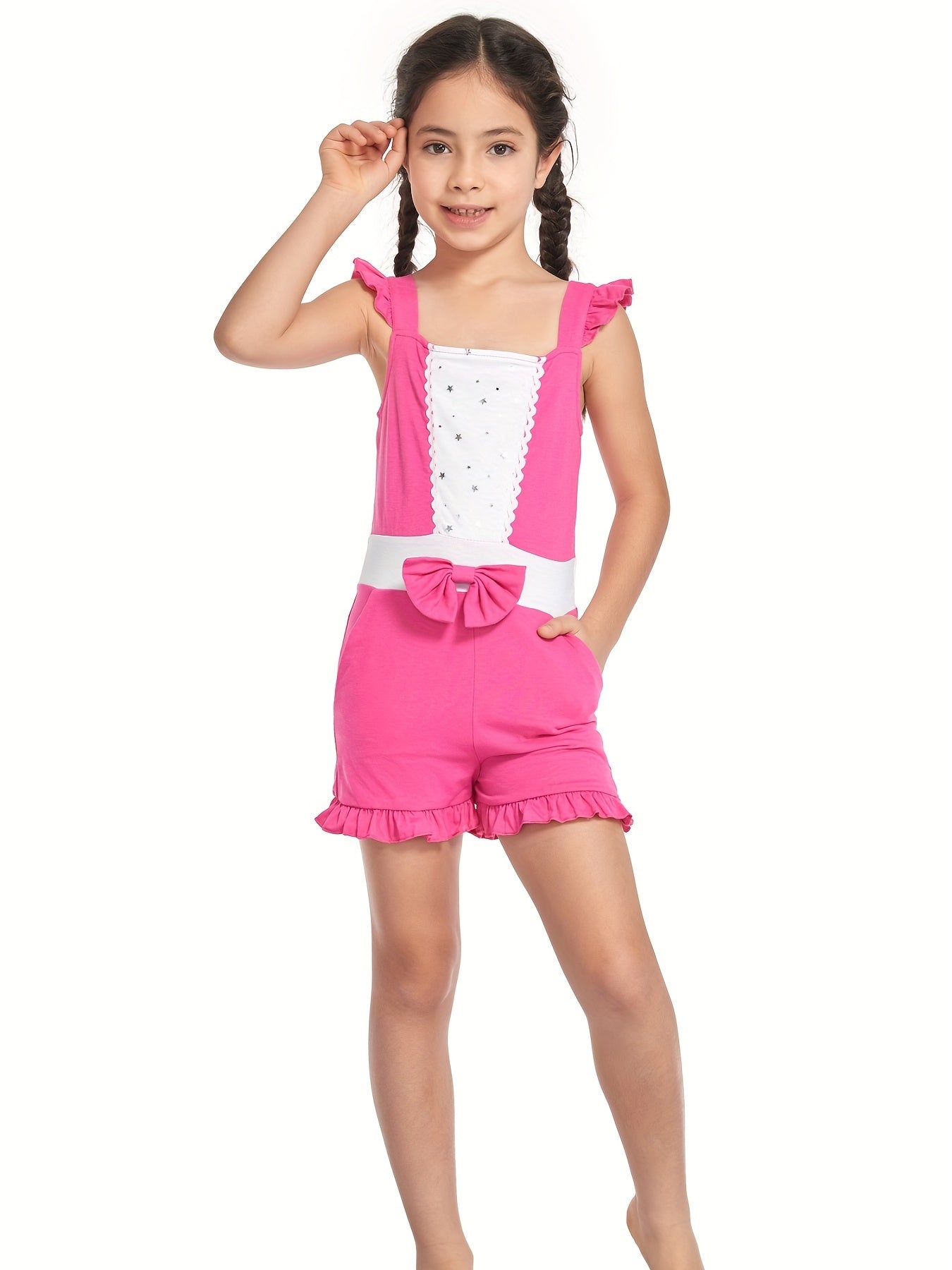 Girls Princess Ruffle Sleeve Jumpsuit With Bow Romper