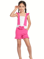 Girls Princess Ruffle Sleeve Jumpsuit With Bow Romper