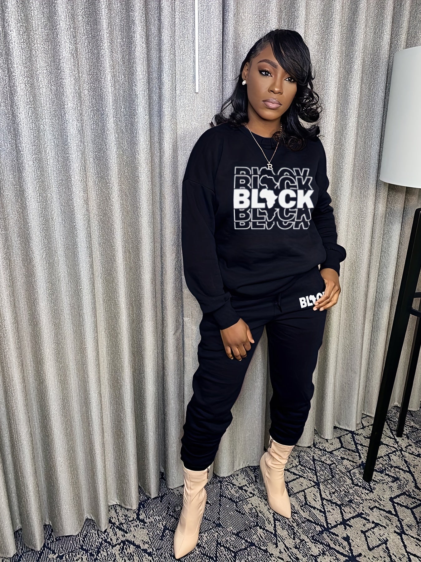 Letter Print Two-Piece Set Crew Neck Long Sleeve Tops & Drawstring Jogger Pants