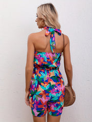 Floral Print Halter Neck Romper Jumpsuit Women's Clothing