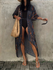 Boho Tie Dye Striped Kimono Cover Up With Belt