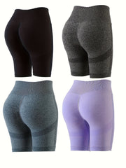 4pcs Seamless Solid Butt Lifting Sports Shorts High Waist Yoga Running Shorts