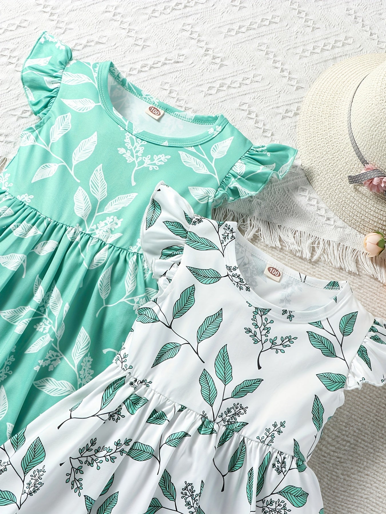 2pcs Toddler Girls Ruffle Trim Leaf Graphic Dress for Party Beach Vacation