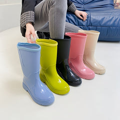 Women's Mid Calf Rain Boots Low Heel Waterproof Slip On Shoes