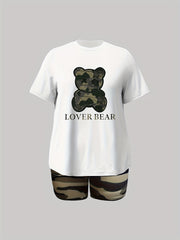 Cartoon Bear & Letter Tee & Shorts Set