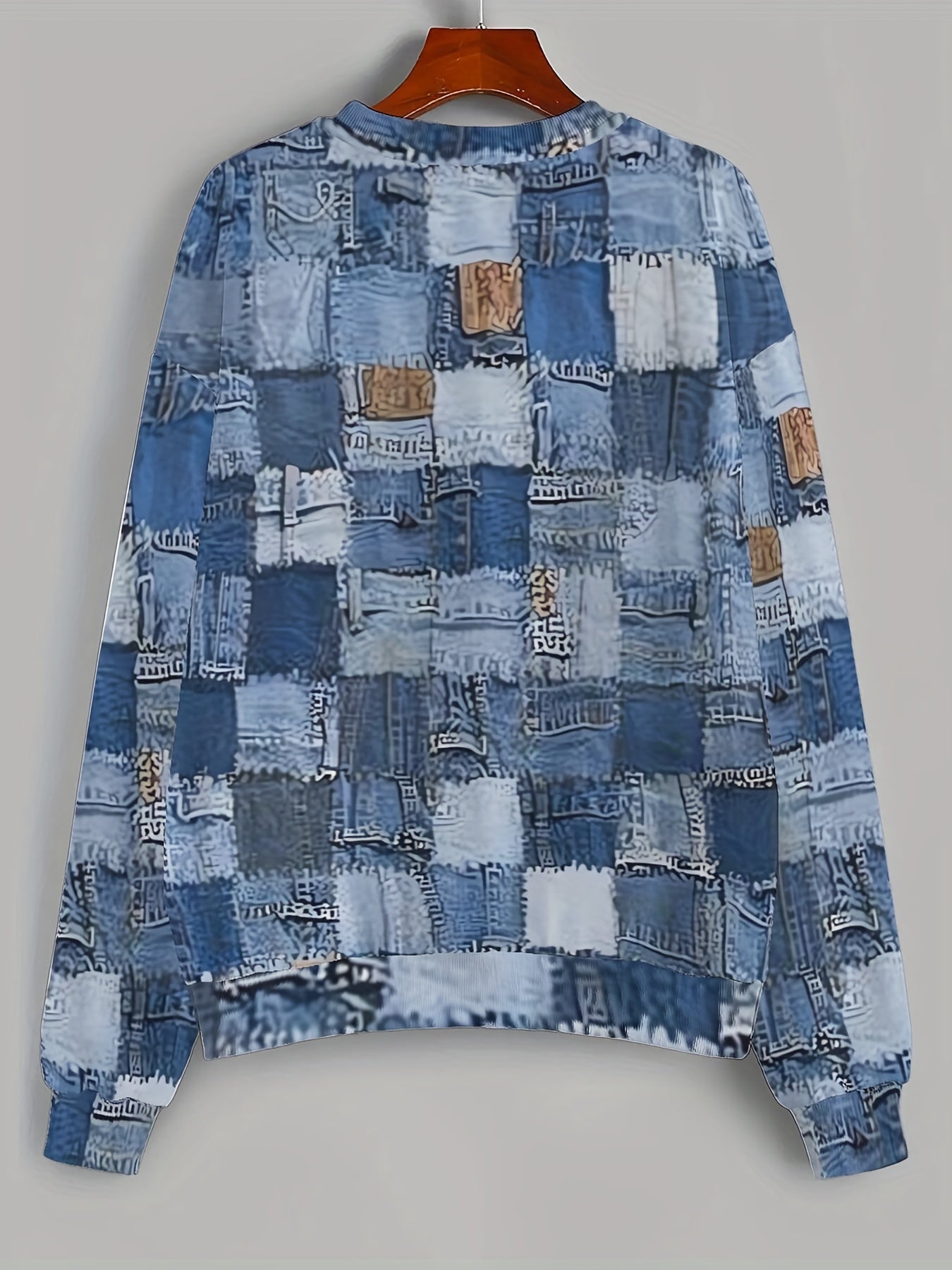 Patchwork Print Crew Neck Sweatshirt for Women