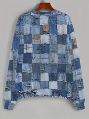 Patchwork Print Crew Neck Sweatshirt for Women