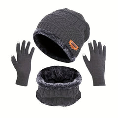 Winter Fleece Set Knit Beanie Hat Scarf Touch Screen Gloves