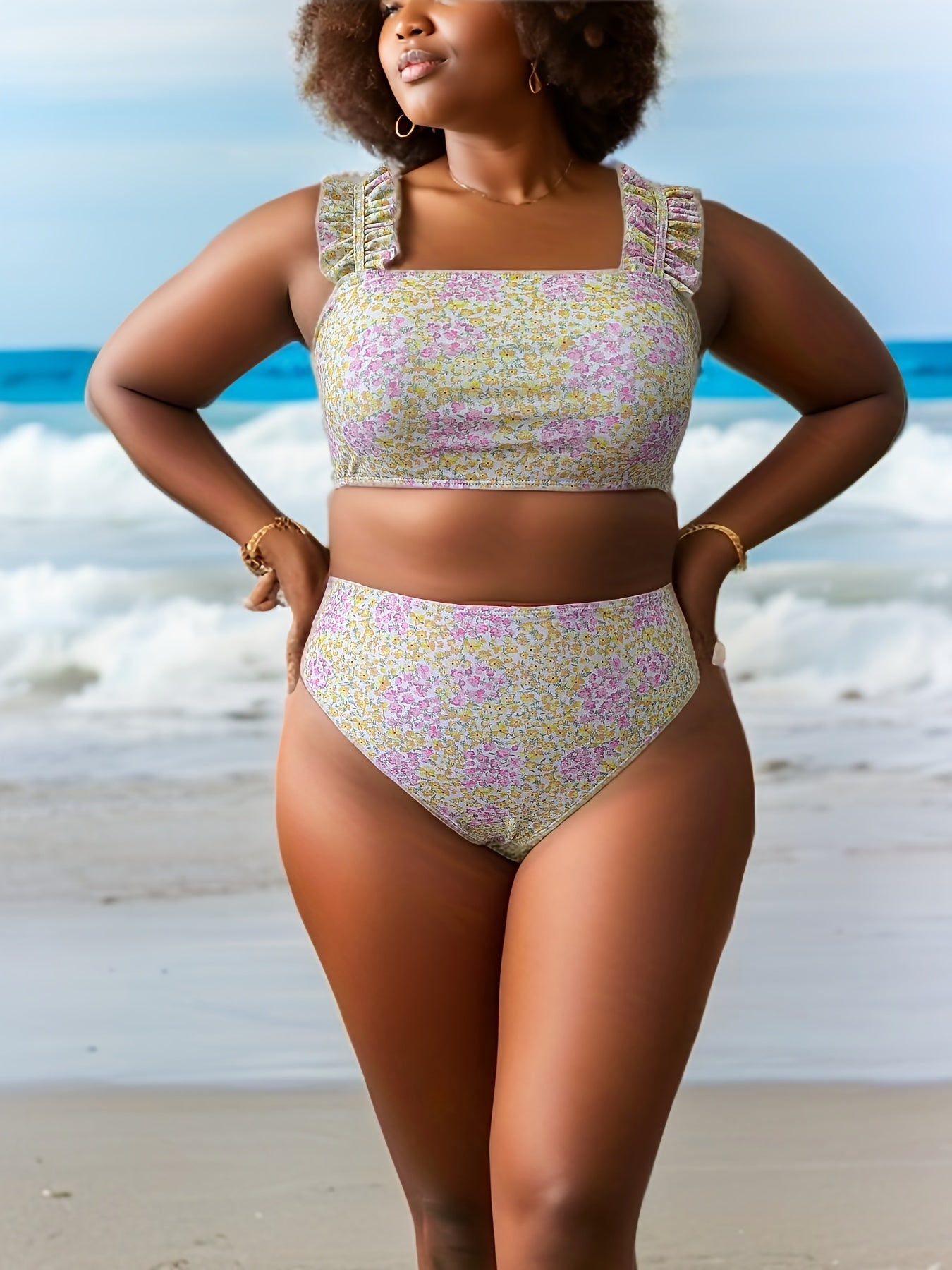 Ditsy Floral Print Bikini Set with Frill Trim