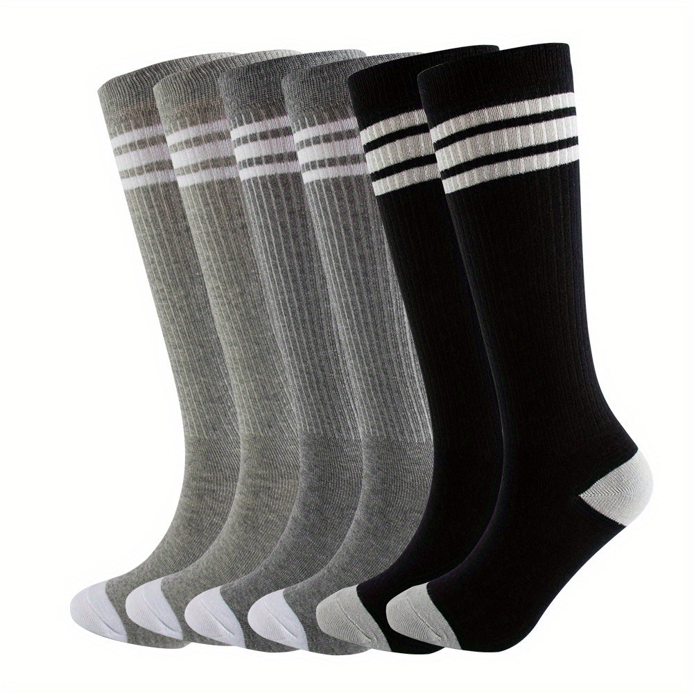 3 Pairs Kids Cotton Knee High Tube Socks Triple Stripes Athletic Socks Boys