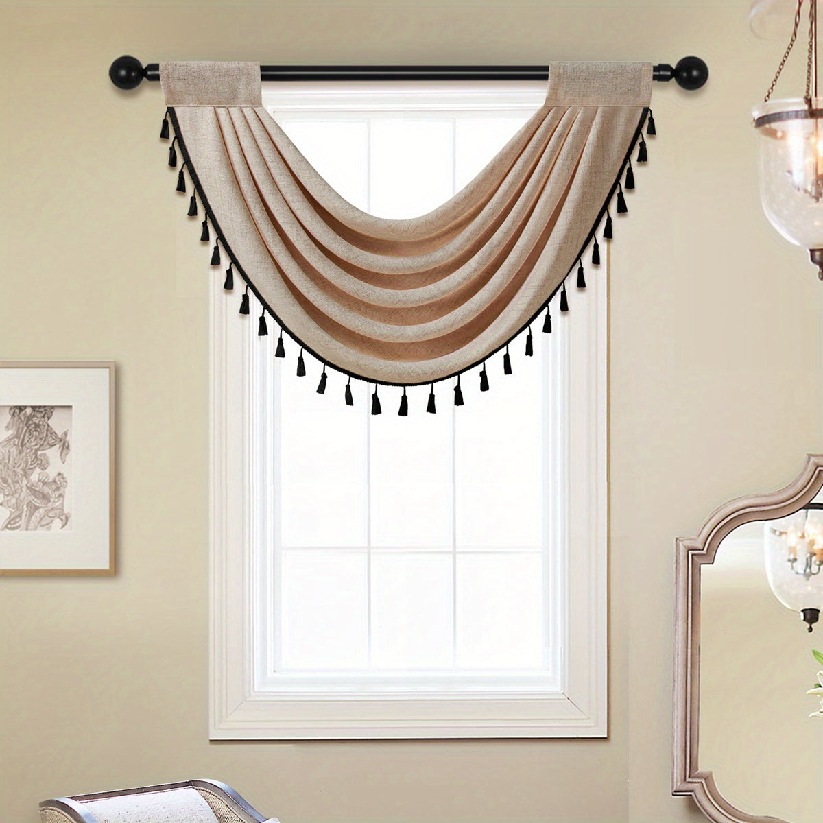 European Style Linen Valance with Fringe Beaded Edge - Rod Pocket Curtain