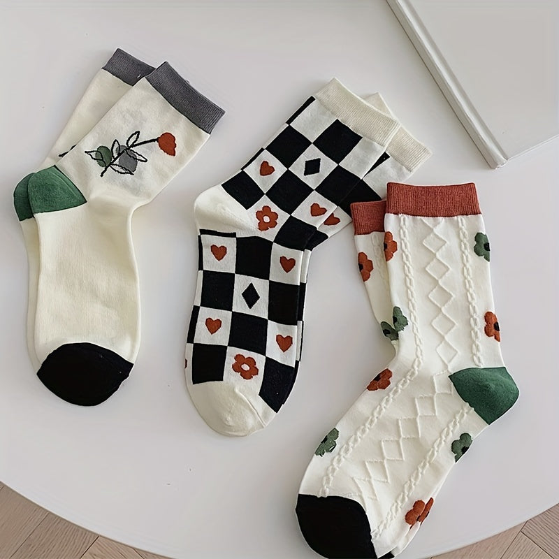 5 Pairs Floral & Plaid Print Socks Women's Stockings