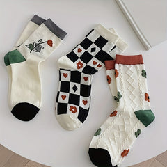 5 Pairs Floral & Plaid Print Socks Women's Stockings
