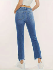 Plus Washed Button Fly Fringe Trim High Stretch Straight Leg Jeans