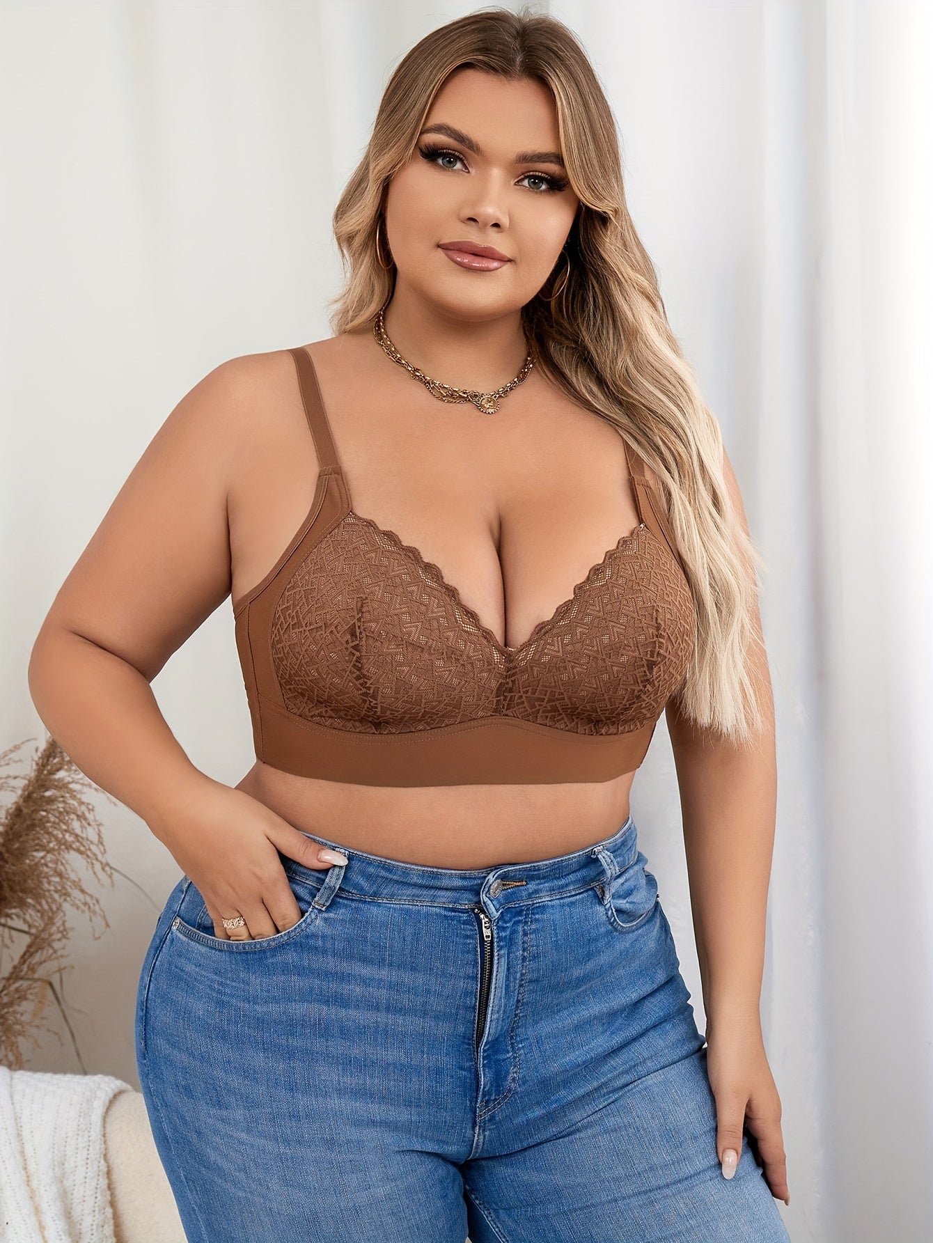 Plus Size Sexy Bra Women's Plus Contrast Lace Wireless Wave